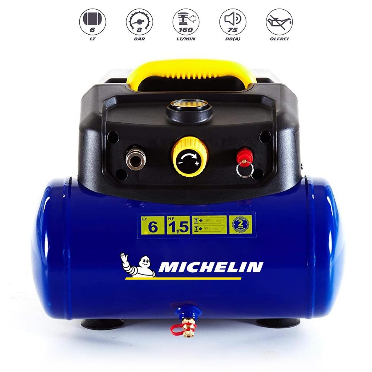 Michelin MBL6V2 1.5HP 6Lt 8Bar Yağsız Hava Kompresörü + 5M Hava Hortumu + Lastik Şişirme Tabancası
