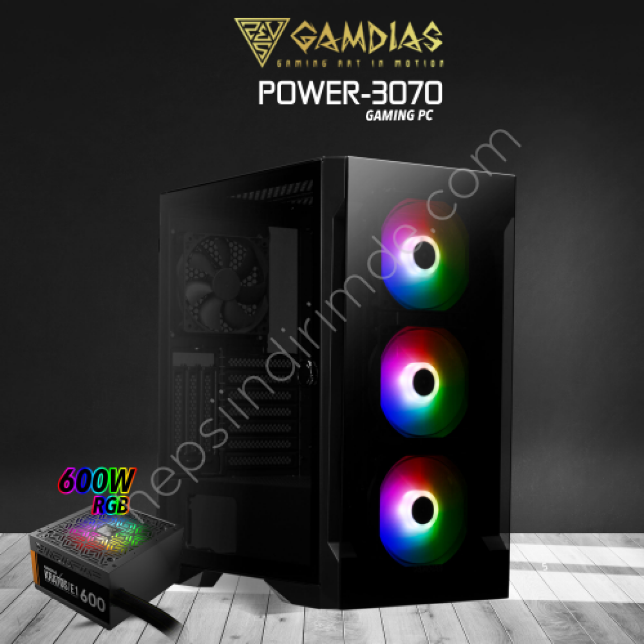 GAMDIAS POWER-3070, AMD Ryzen 5 5650GE, 16Gb Ram, 500Gb SSD, 8Gb GDDR6 RTX3070 Ekran Kartı, 600W Kasa, Free Dos GAMING PC