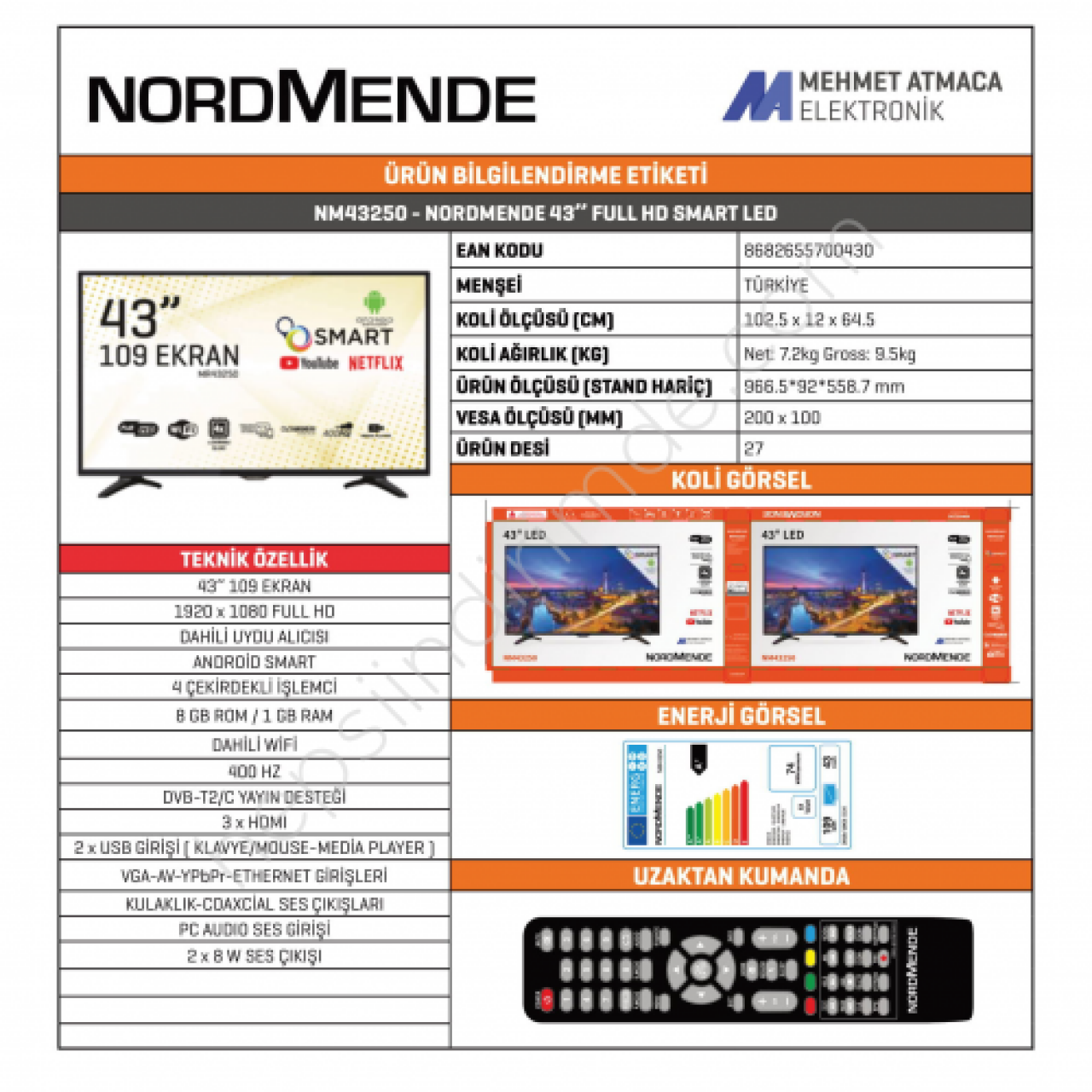 NORDMENDE NM43250 43&quot; 109cm, Dahili Uydu Alıcı,  Full HD, Smart, WiFi, Android Led Televizyon